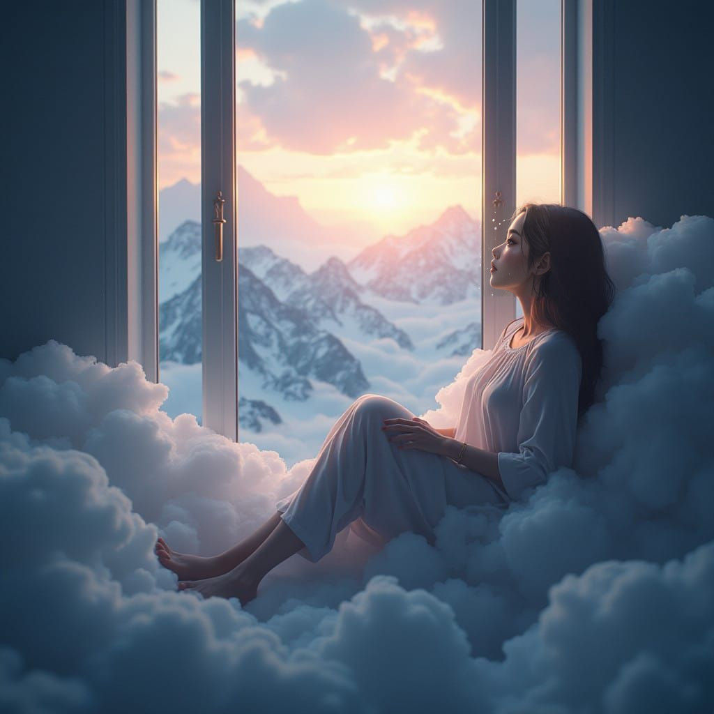 Ethereal Young Woman Contemplates Vibrant Youth in Serene Sc...