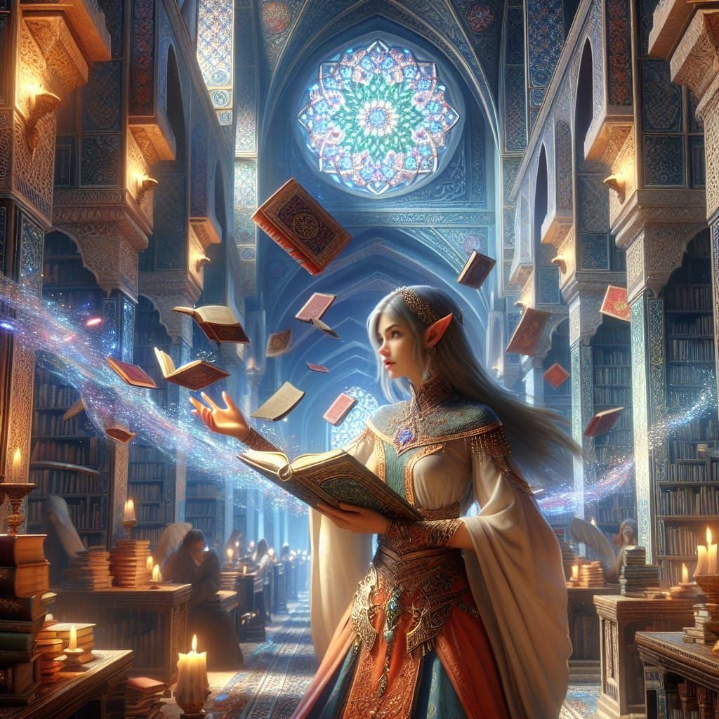 Magical Librarian in Grand Library: Fantasy Concept Art