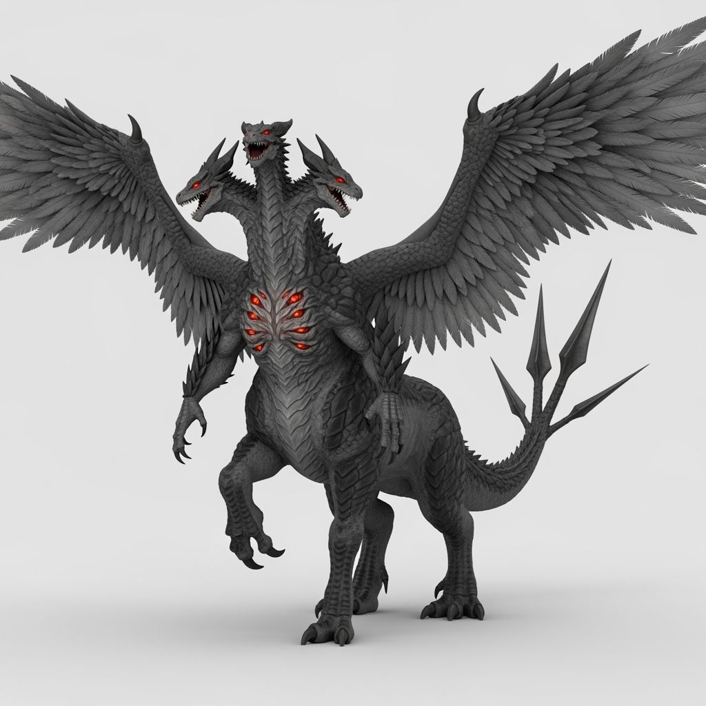 Colossal Three-Headed Reptilian Monster in Anime Style