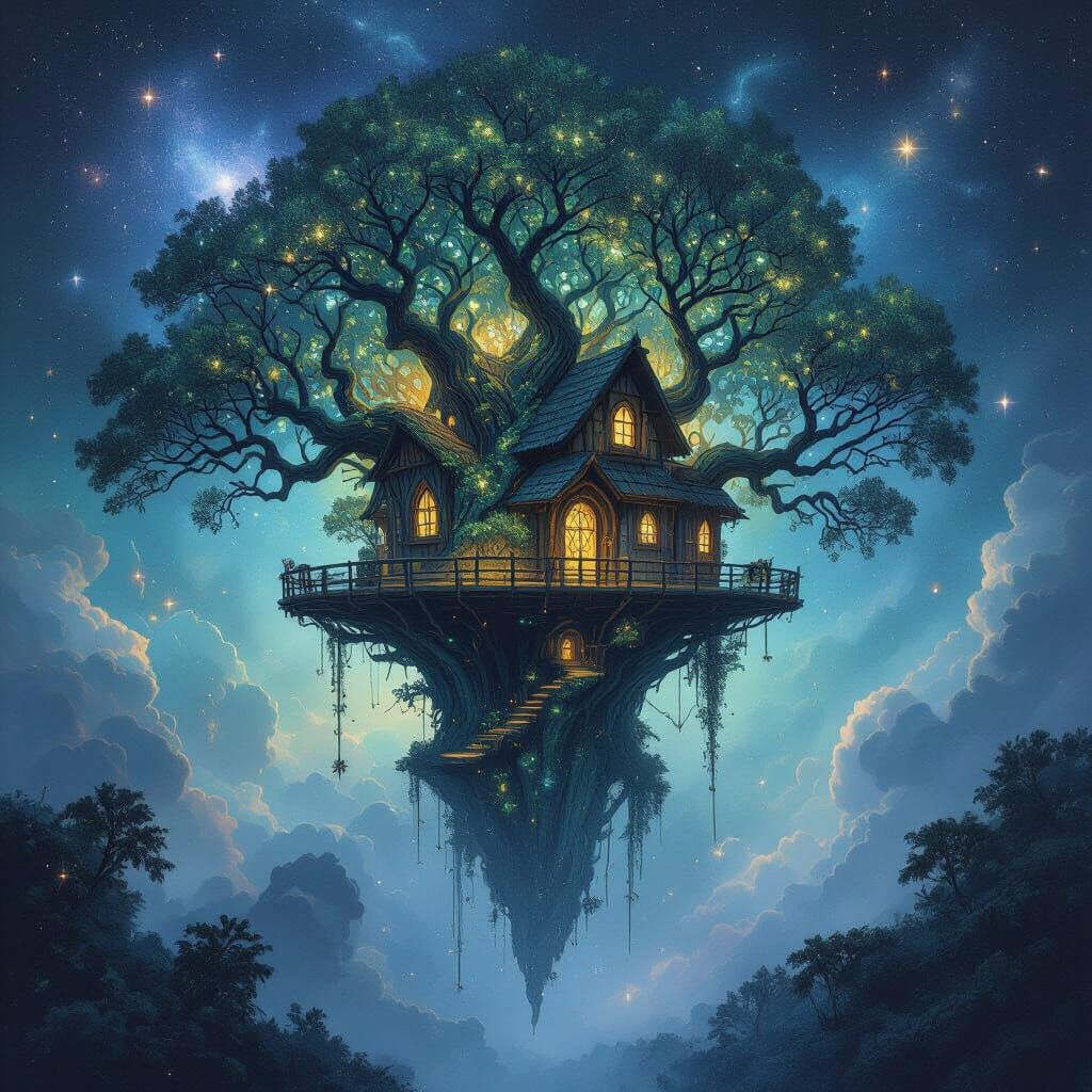 Cosmic Treehouse of Glowing Runes in Nebula