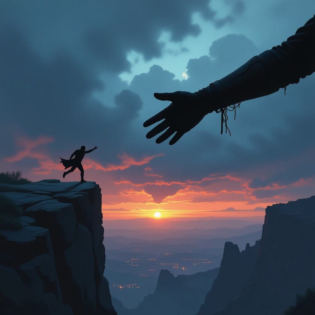 Desperate Hand Reaching at Cliff Edge: Dystopian Art