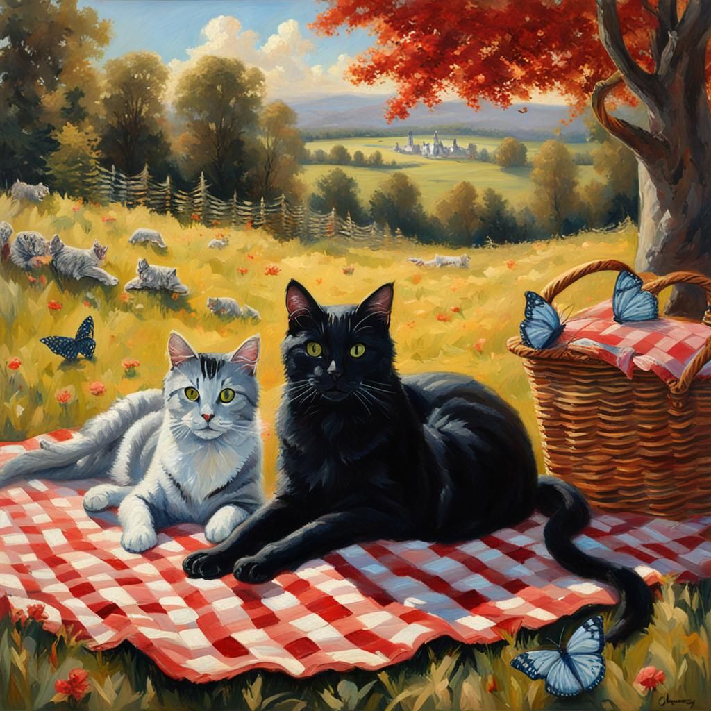 Cats' Sunny Picnic in Meadow as Oil Painting