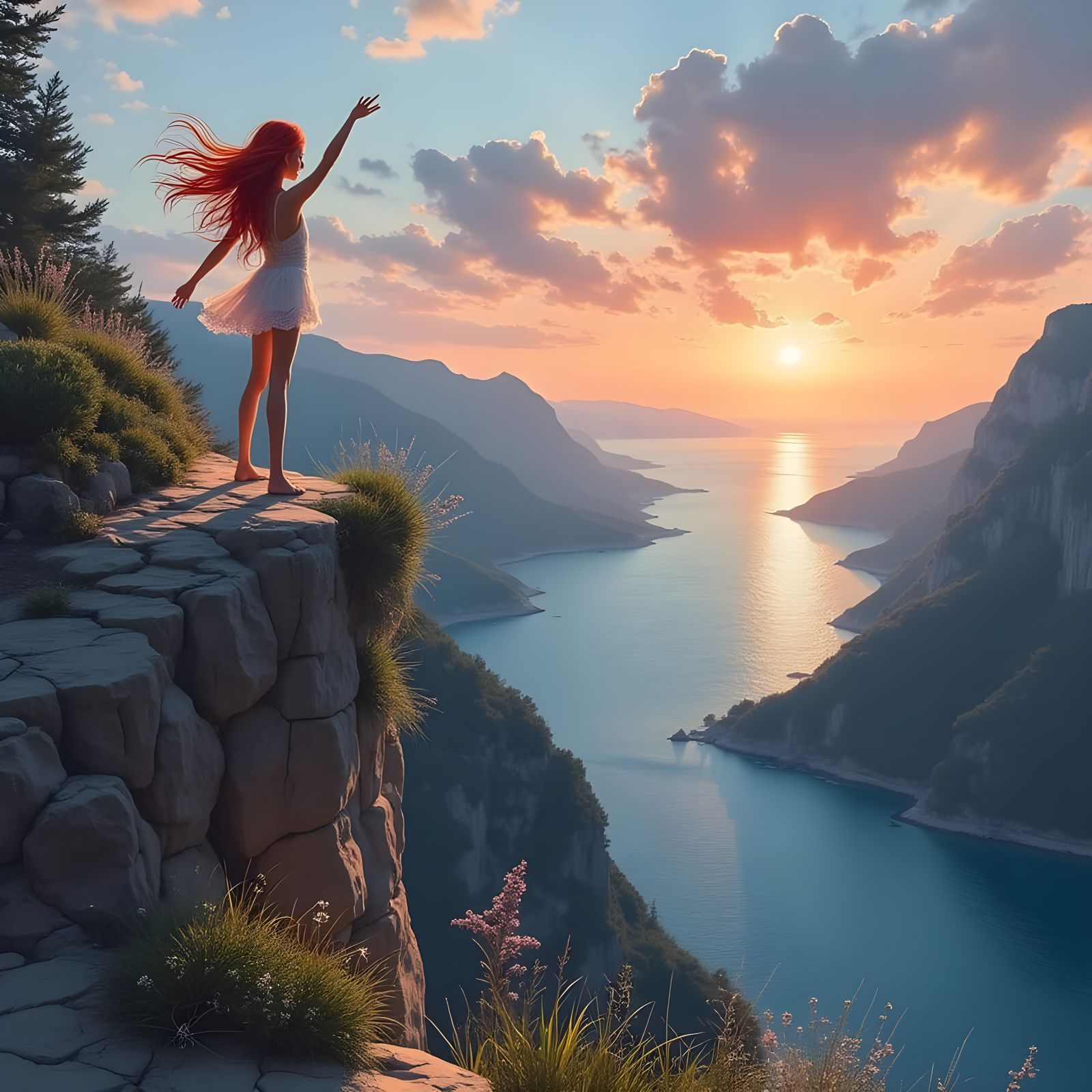 Breezy Sunset on a Sparkling Sea from a Rocky Cliff