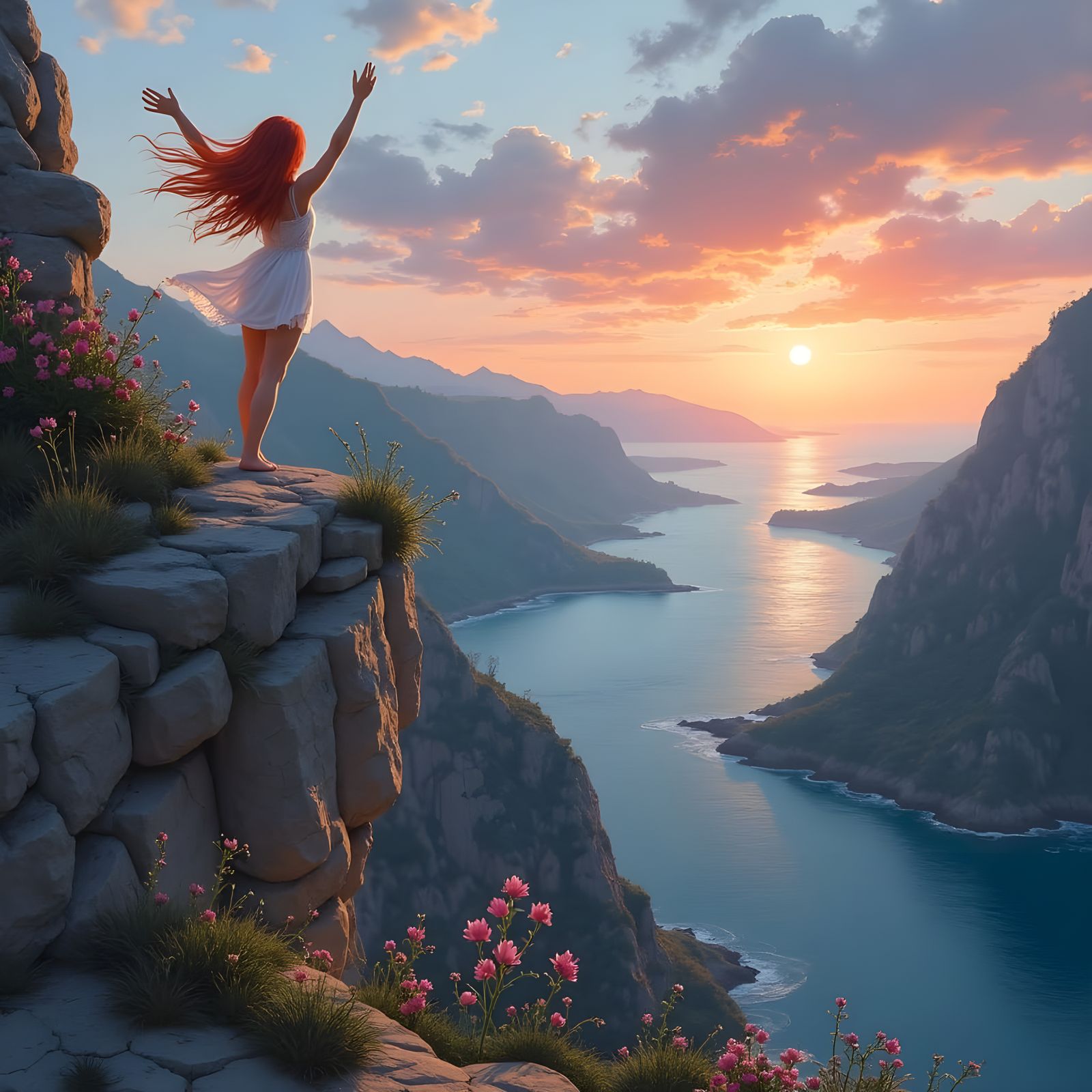 Girl Standing on Cliff, Watching Sunset Over Sea and River