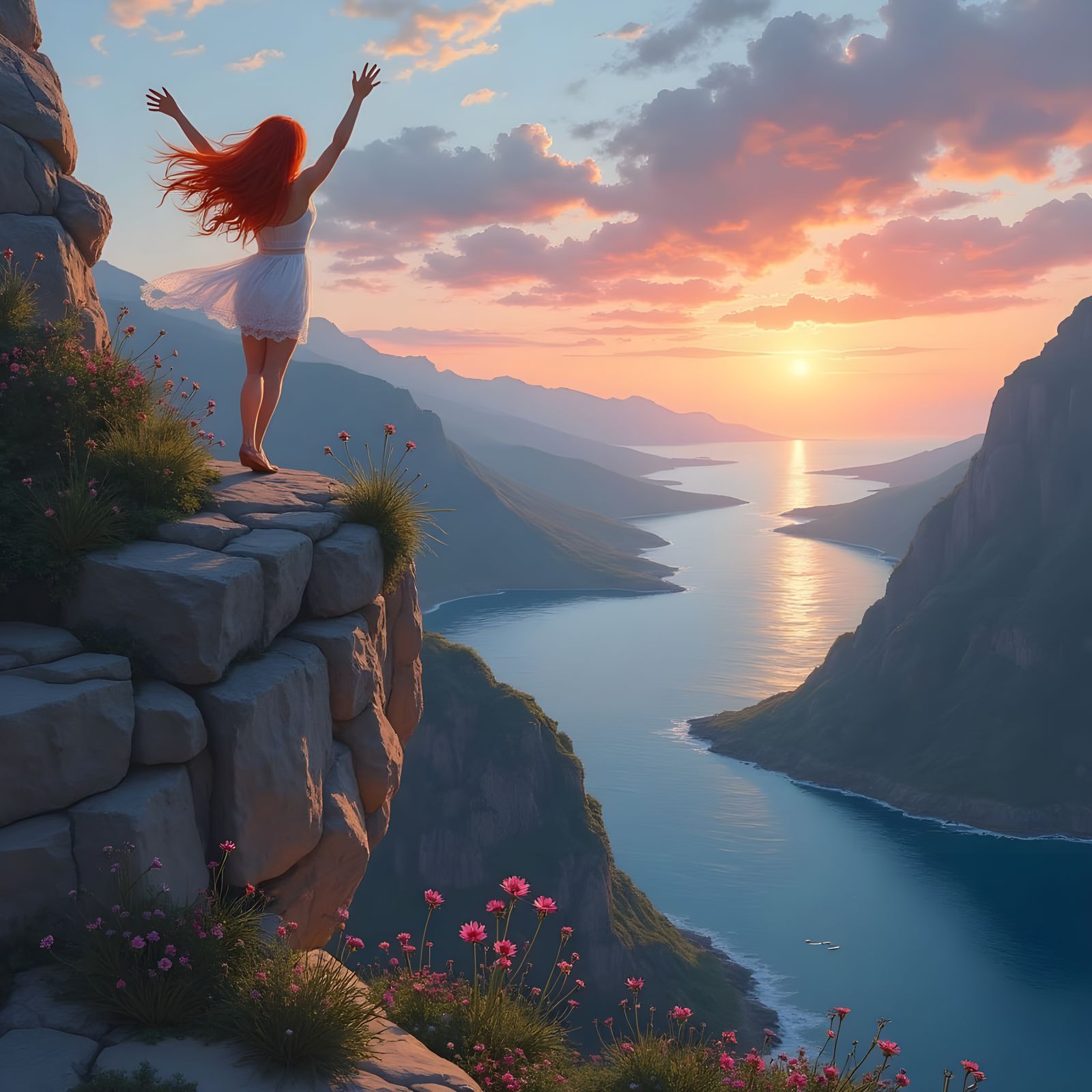 Ethereal Sunset Scene with Girl on Cliff