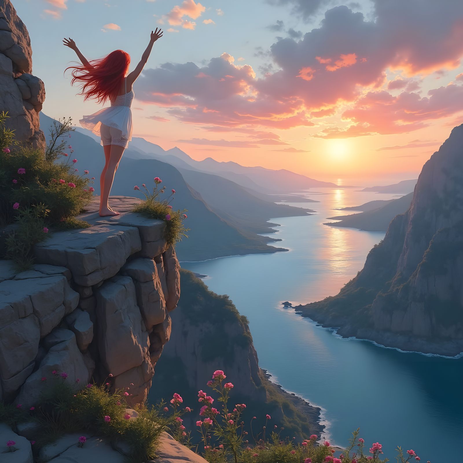 Majestic Sunset Over Sparkling Sea with Winding River and Gi...