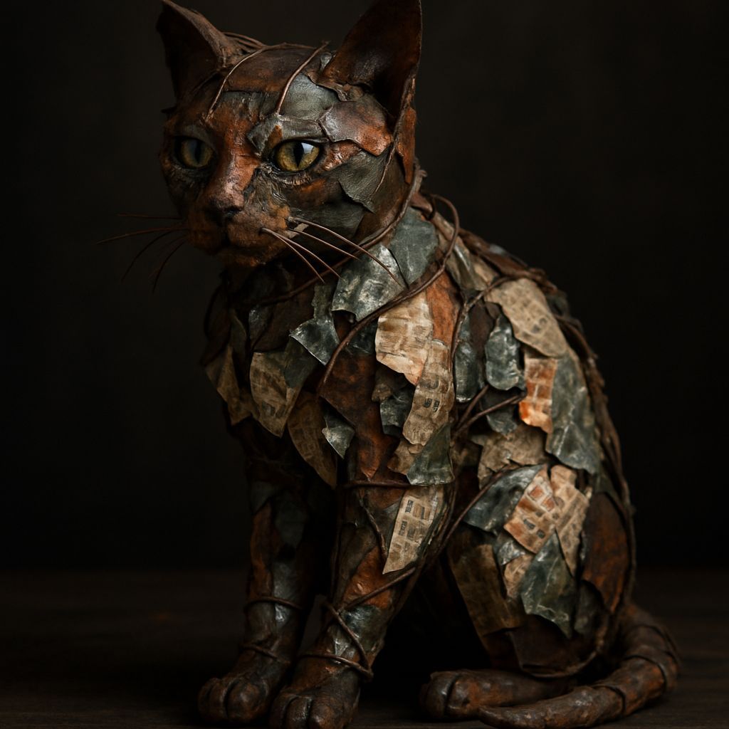 Recycled Mixed Media Cat Sculpture