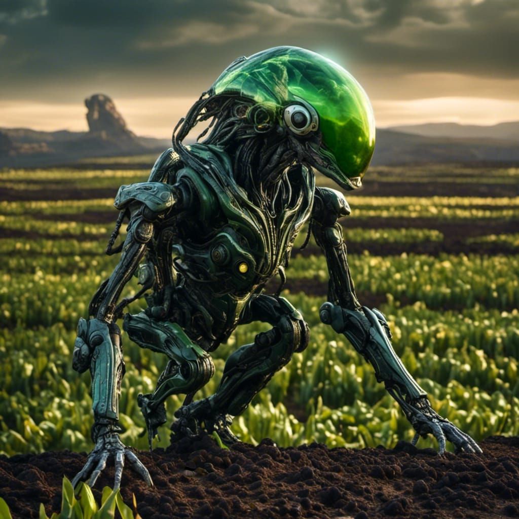 <lora:LapiFuturism:1.0> An alien  landing in a corn field on...