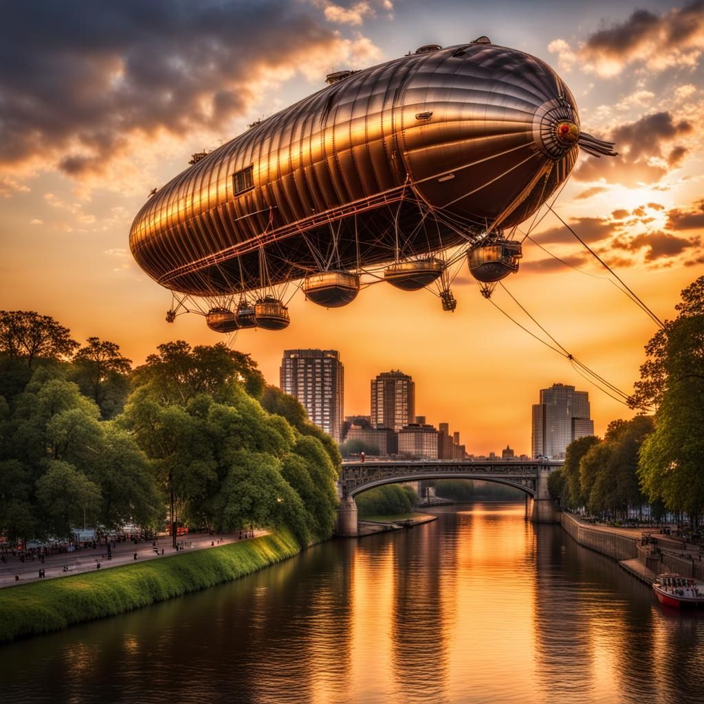 Vintage Airships Over Sparkling City at Sunset