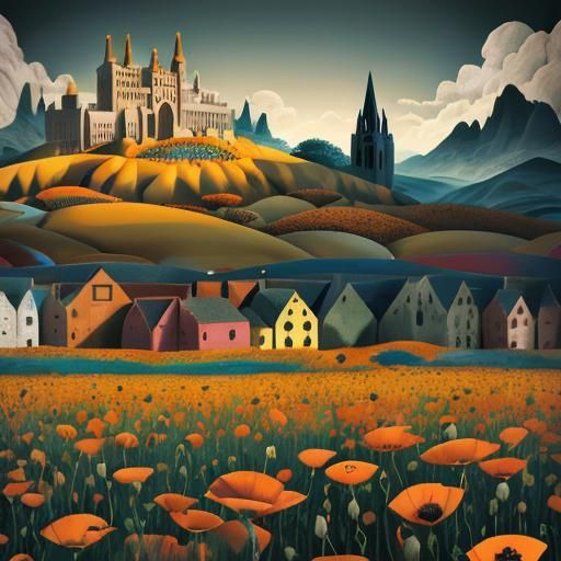 Surreal Poppy Field with Gothic Architecture