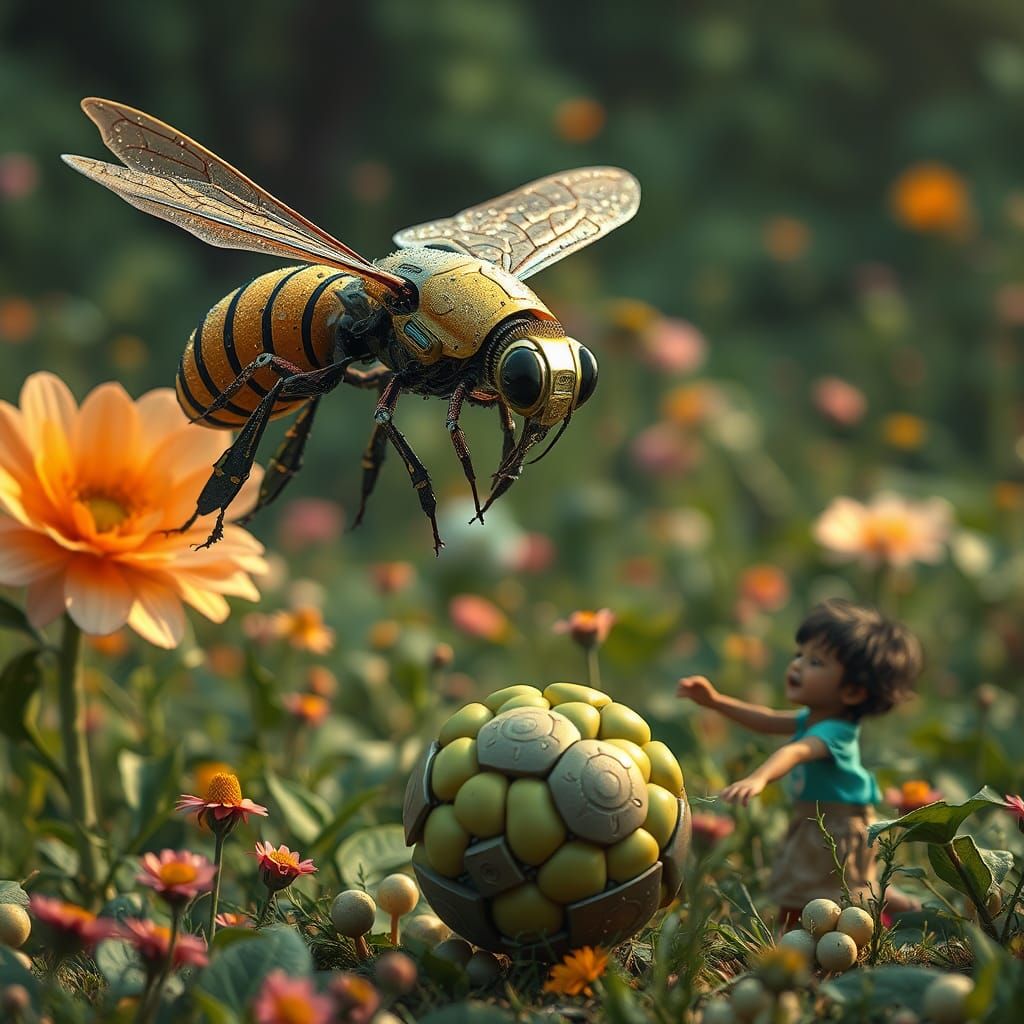 Robotic Bee and Children Playing, Digital Art