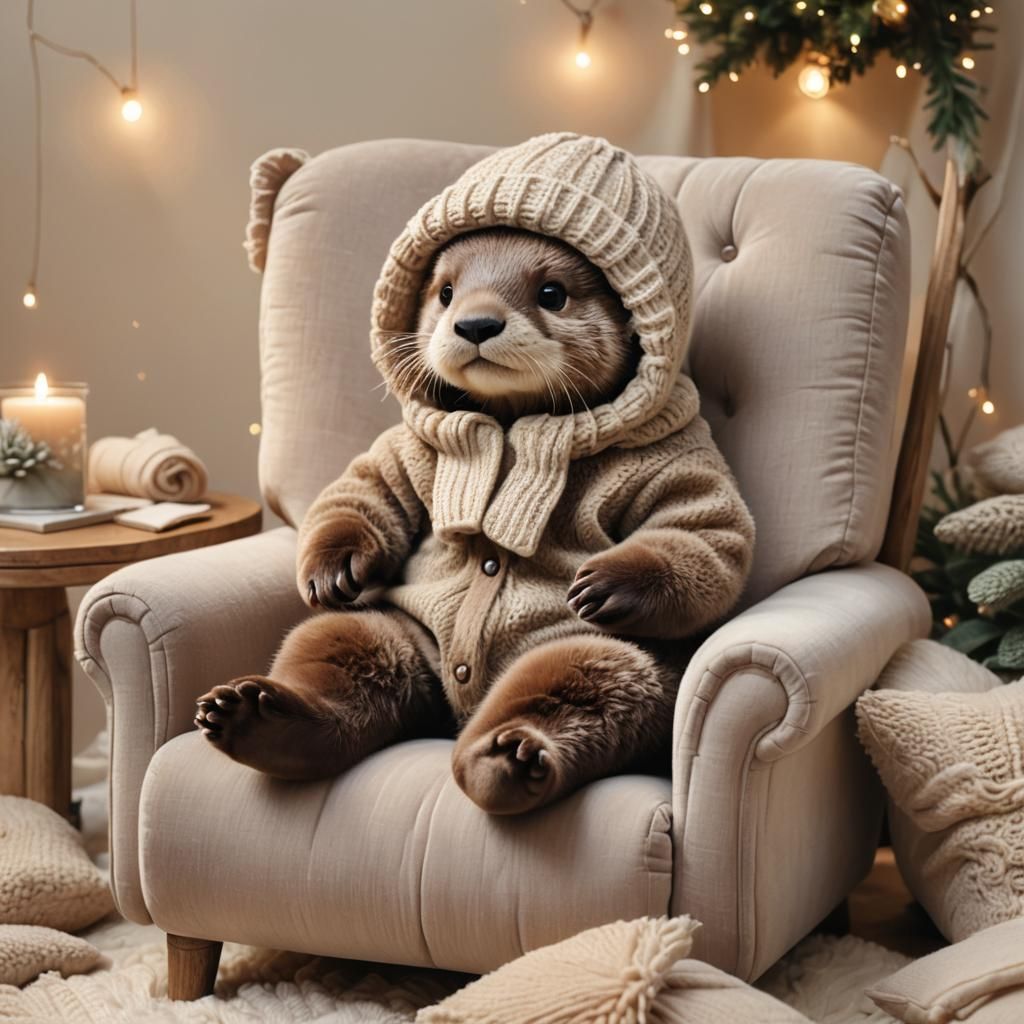 Baby Otter in Woolly Hat on Giant Chair