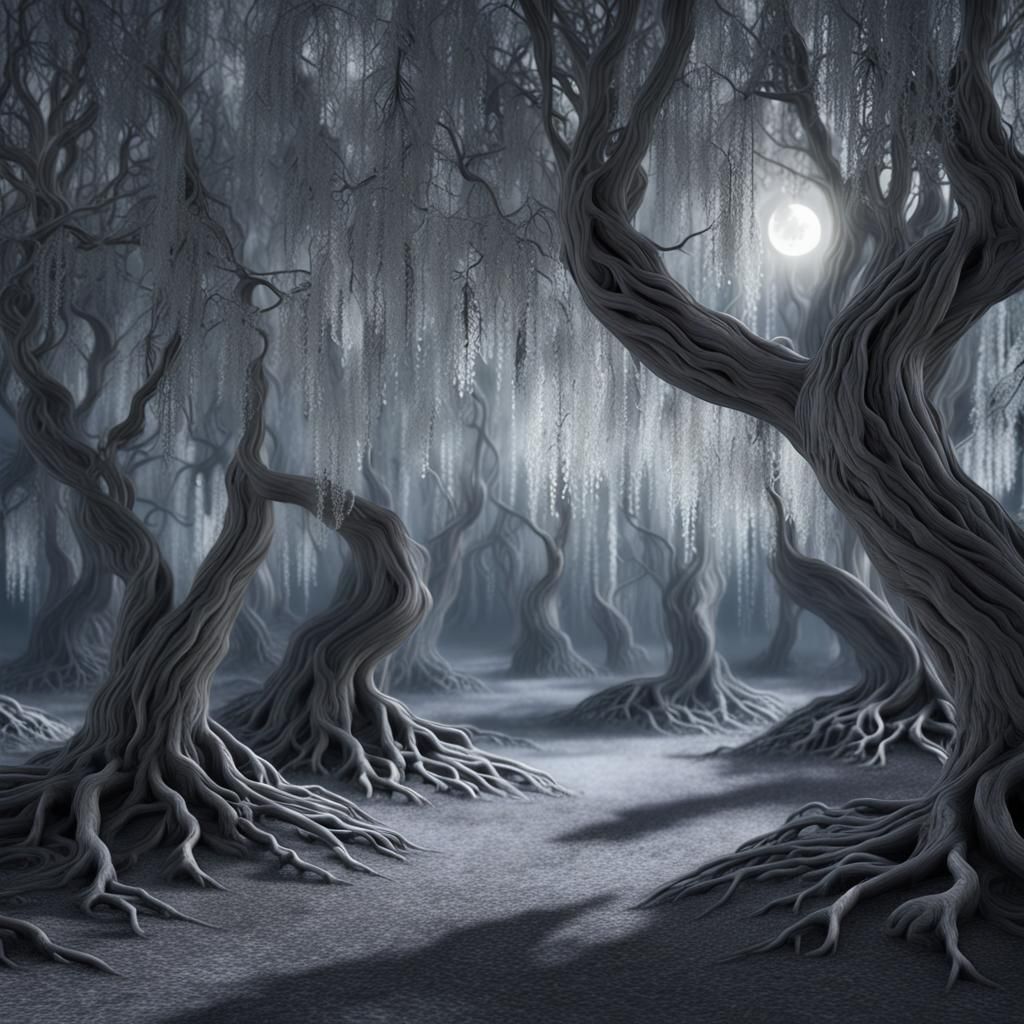 Silver Moonlight Illuminates Enchanting Willow Forest