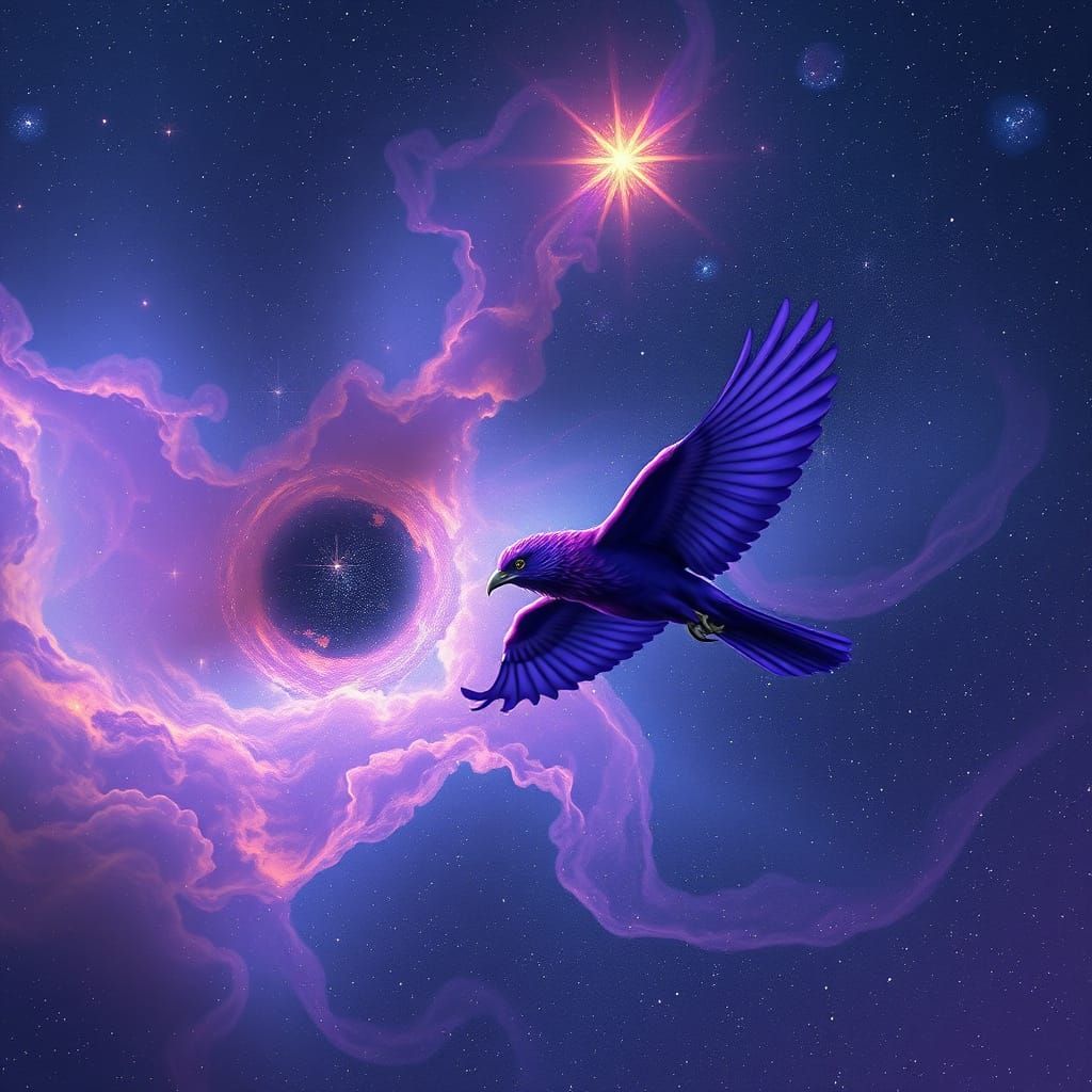 Purple Bird Soaring Through Starry Universe