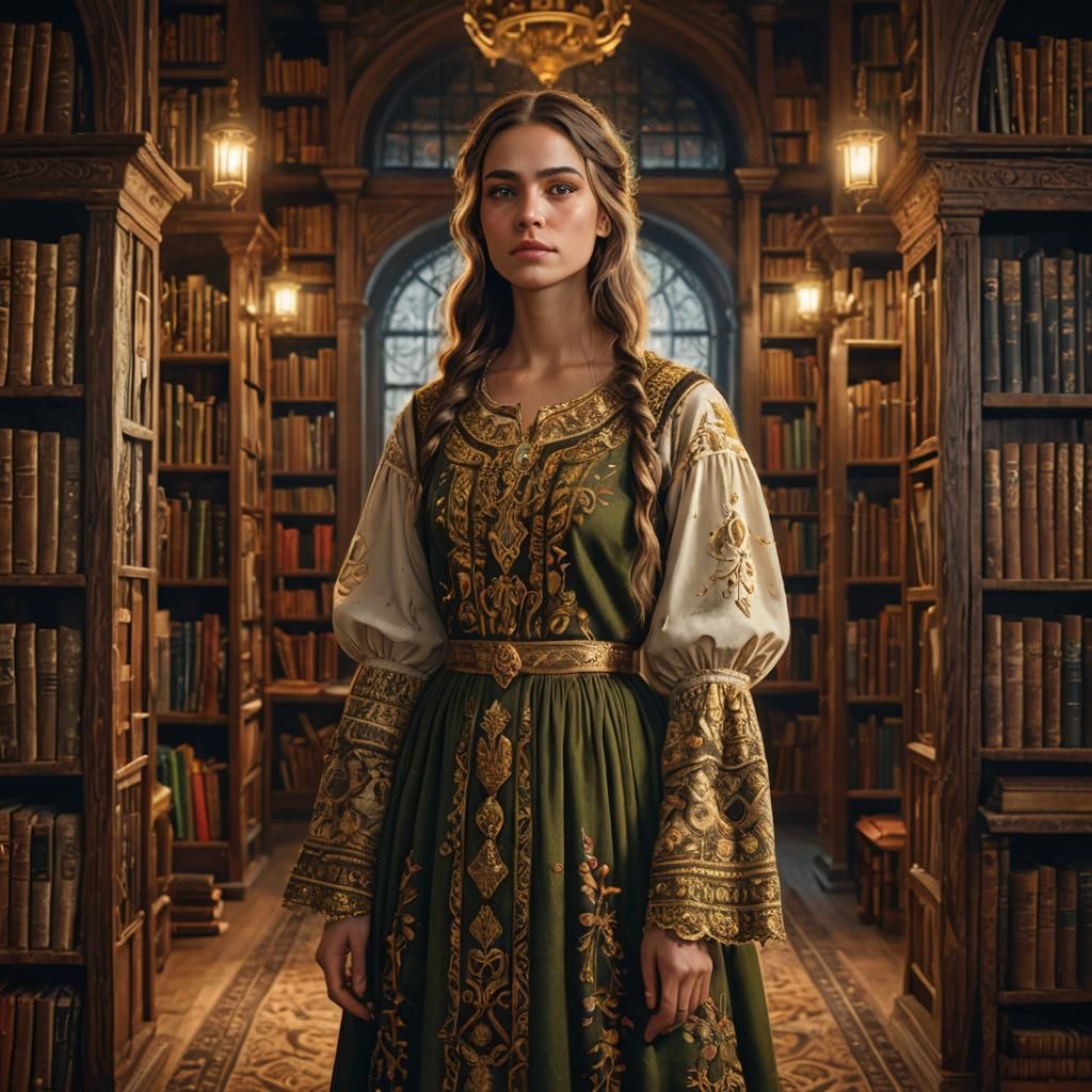 Young Librarian in Dark Library: Hyper-Realistic Digital Art