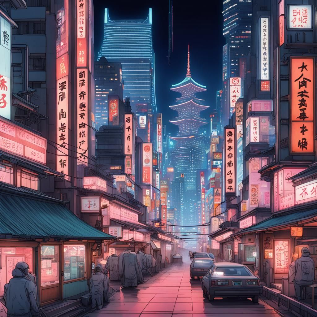 depiction of a futuristic Tokyo, filled with neon-lit skyscrapers