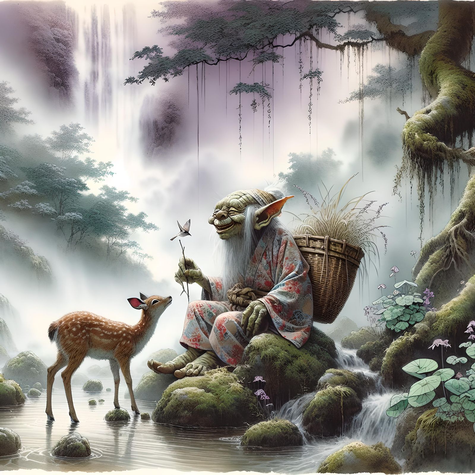 Gremlin and Deer Conversation in Ukiyo-e Style