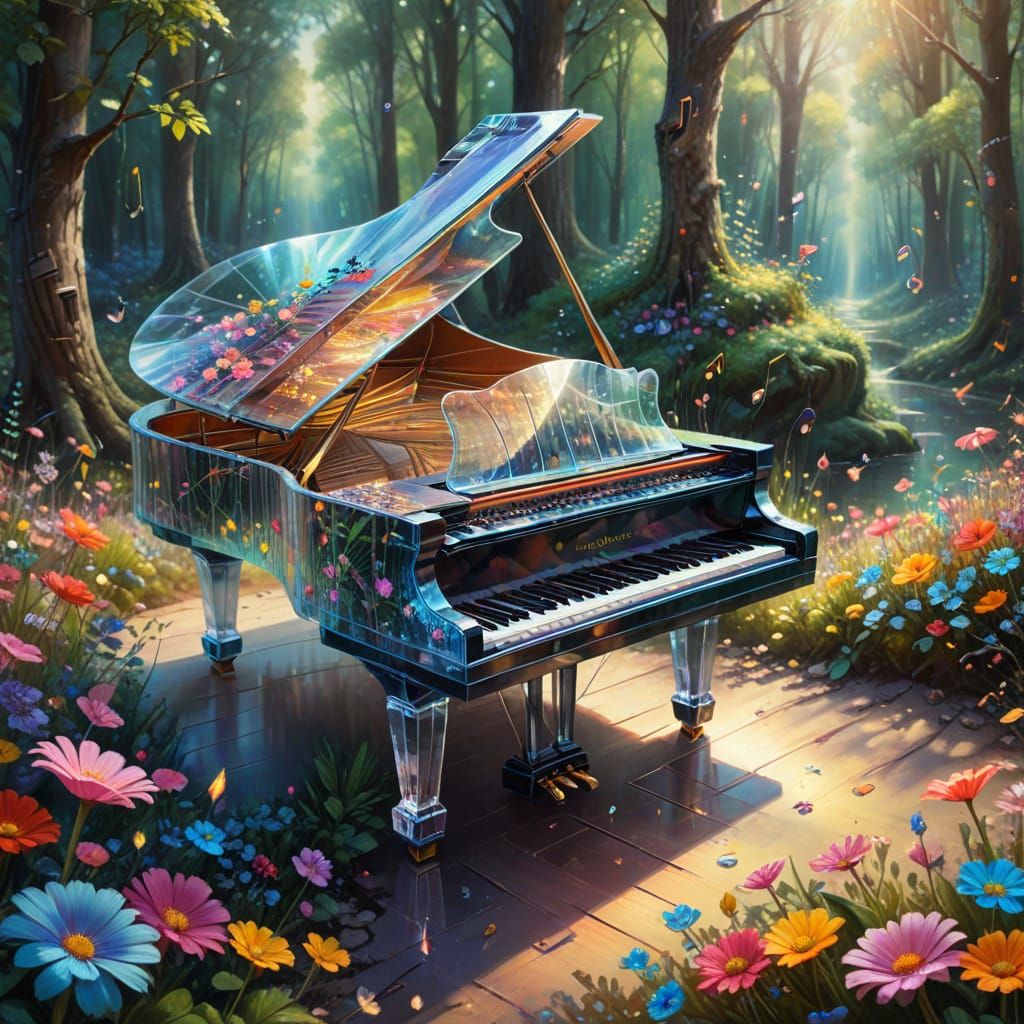 Crystal Piano in a Surreal Floral Forest