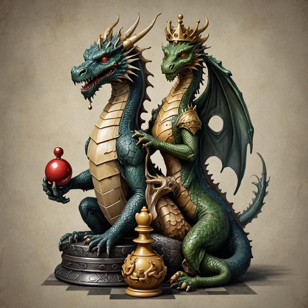 Dragon on Chess Piece with Pawn Ball
