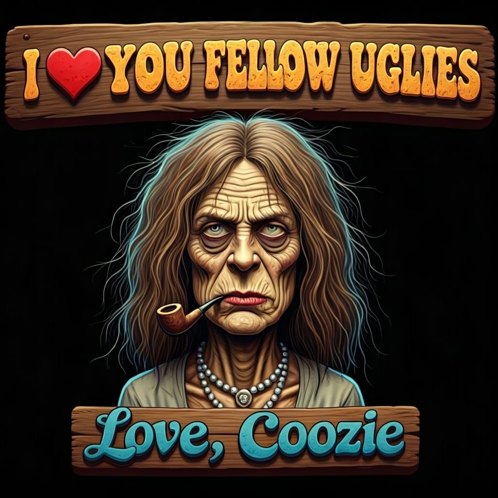 Grungy Cartoon Witch with Neon Sign