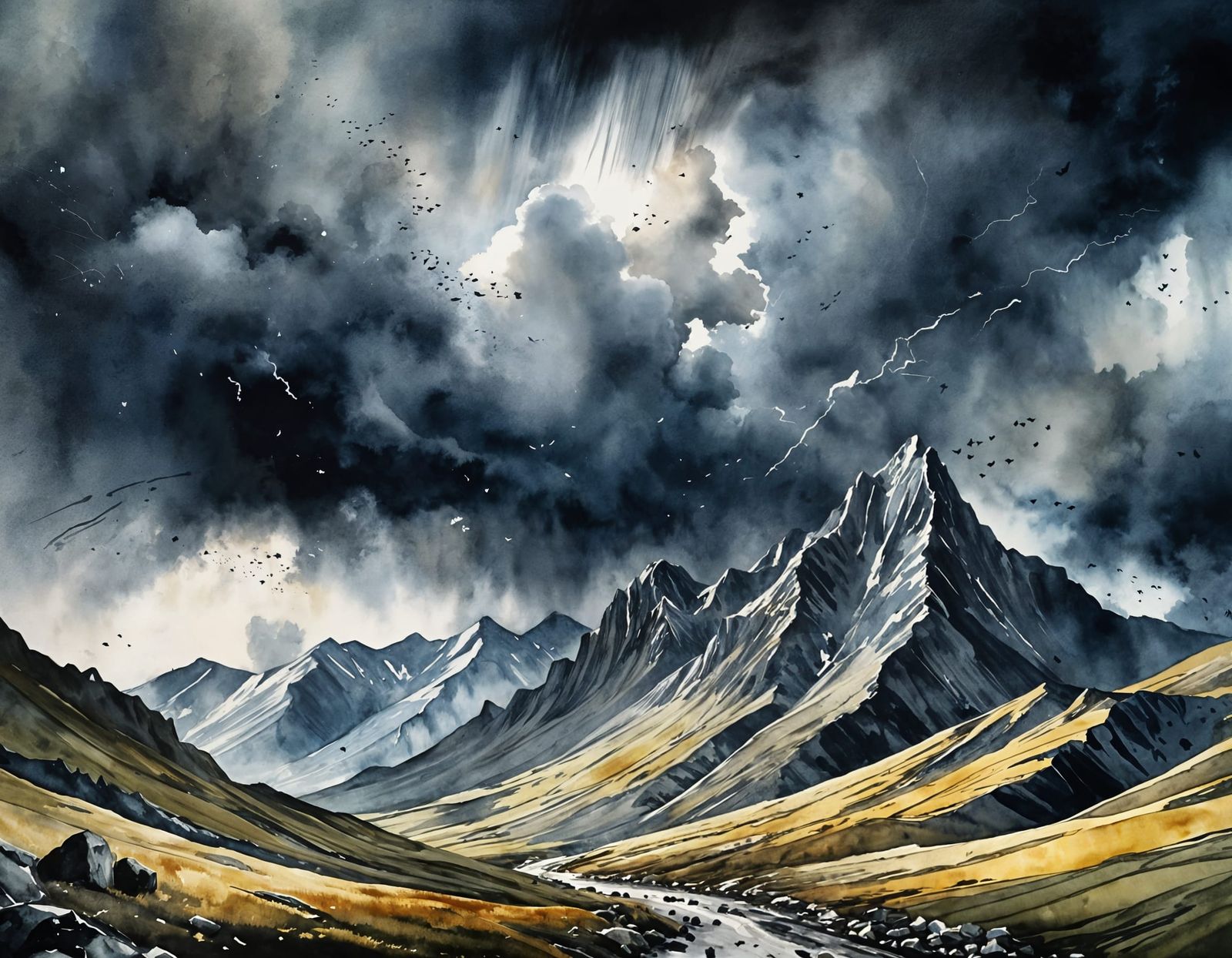 Dramatic Mountain Landscape in Watercolor Style