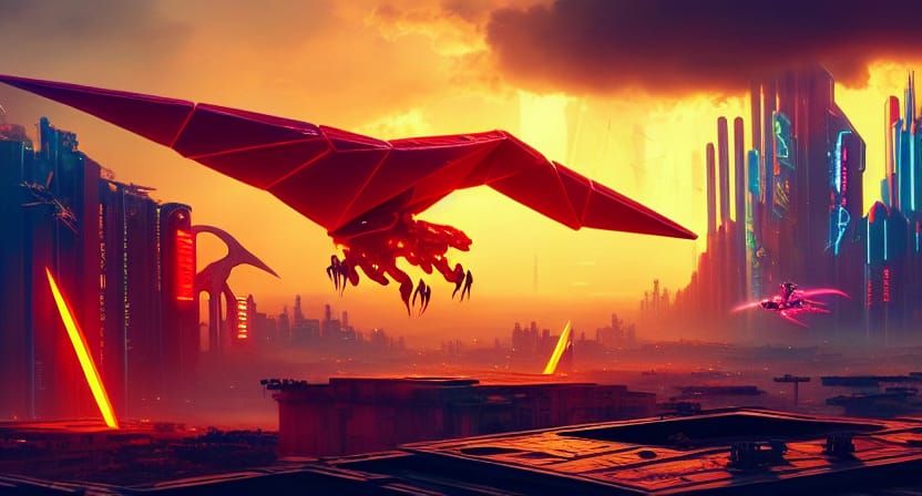 Cyberpunk Robot Pterodactyl Soaring Over Neo-City
