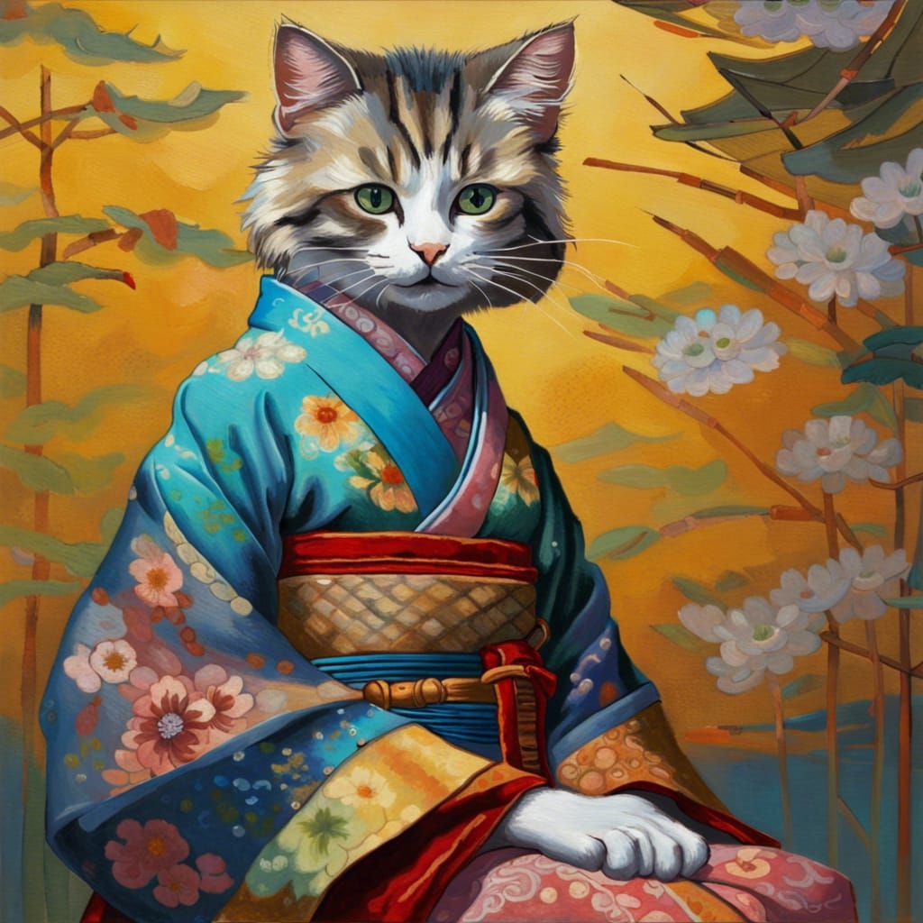 Cat Geisha in Kimono: An Oil Painting