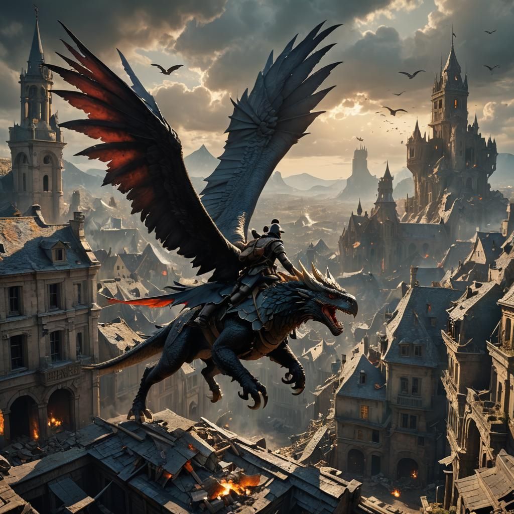 Napoleonic Soldier on Wyvern in Destroyed Town