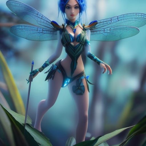 Blue Elf Dragonfly Hybrid in Fantasy Forest