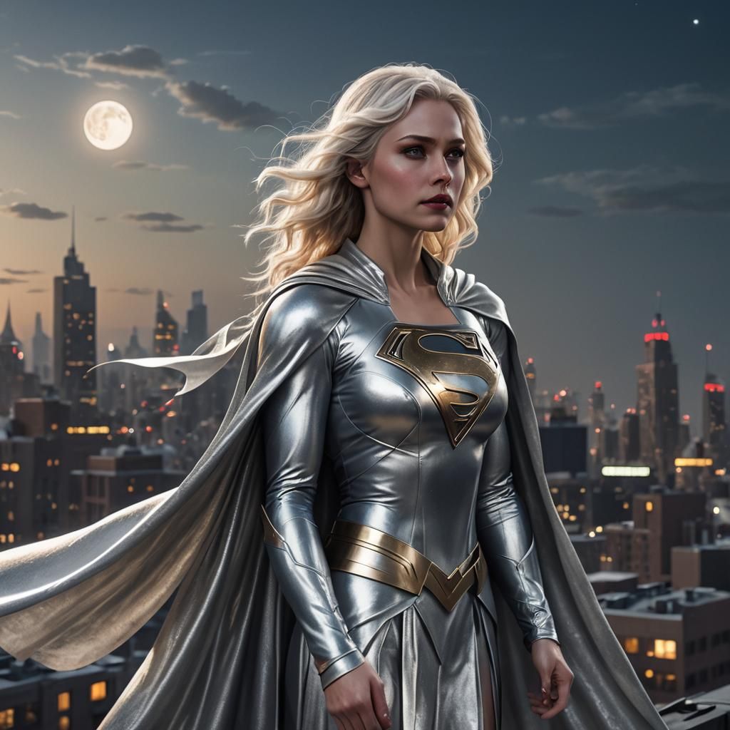 Silver Supergirl Gazing at City Under Moonlight