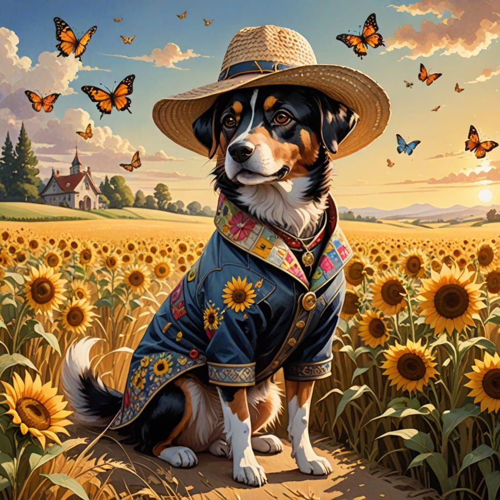 Whimsical Watercolor Fashion Dog Strolls Through Sunflower F...