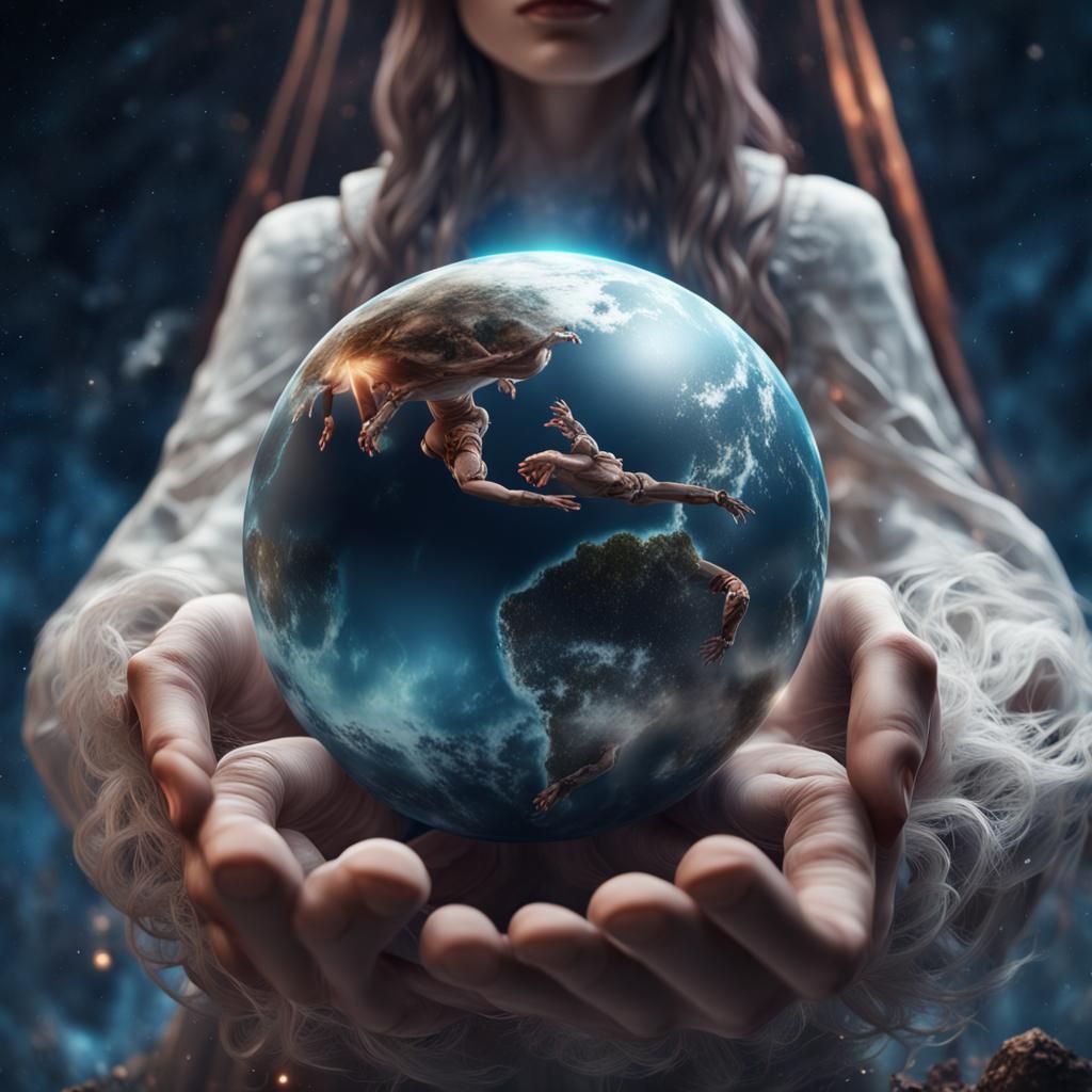 Giantess in Space Holding Earth: Fantasy Concept Art