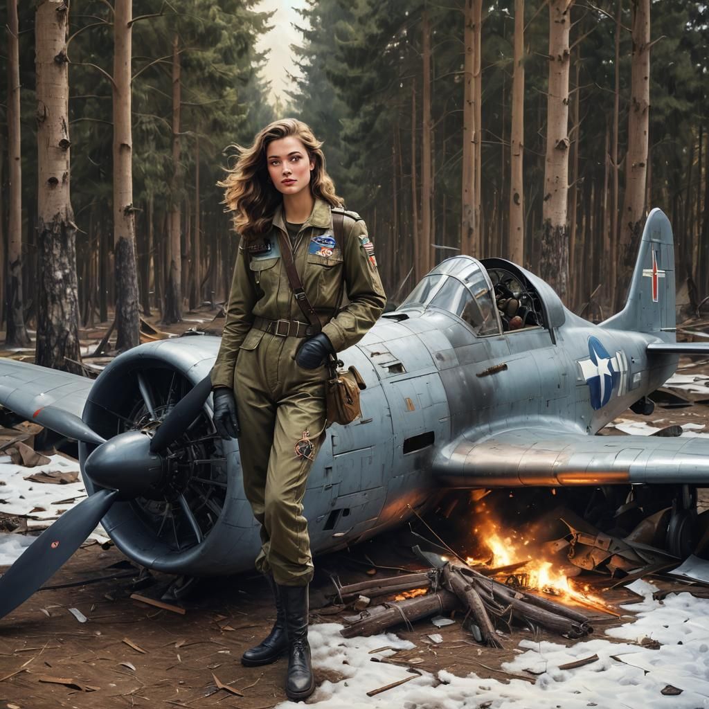 WWII Pilot Beside Crashed Plane in Aviation Art