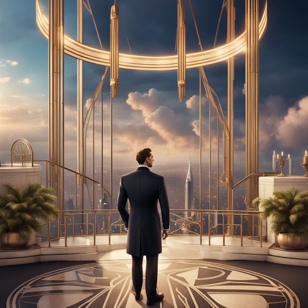 Man in Tuxedo Overlooking Art Deco Cityscape