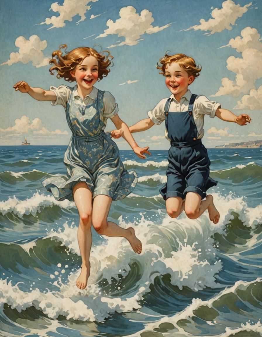 Children Jumping in Sea in Art Nouveau Style