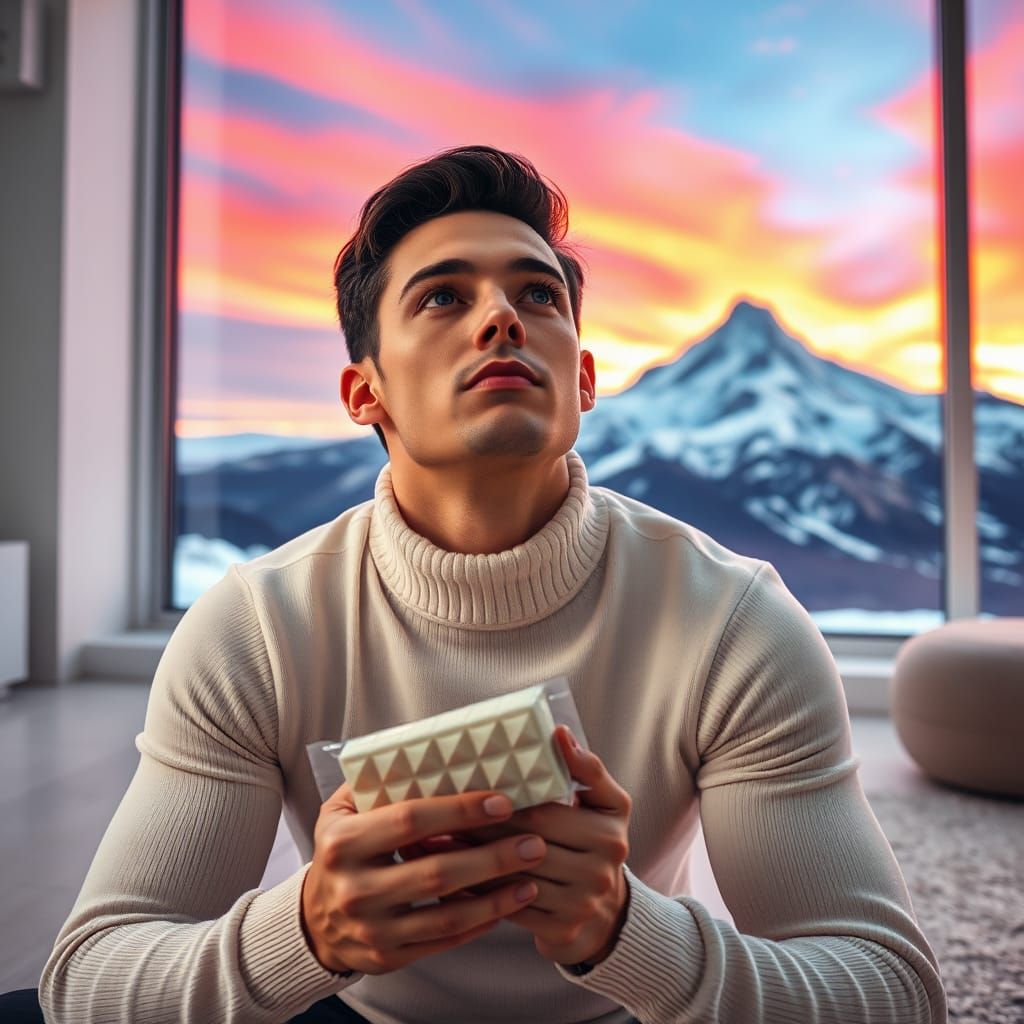A handsome man in his winter cottage holding a wrapped white...