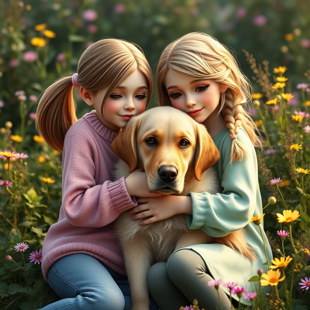 Whimsical Girlfriends Cuddle a Golden Labrador in Enchanted...