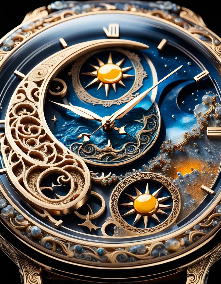 Ornate Resin Wristwatch with Sun and Moon