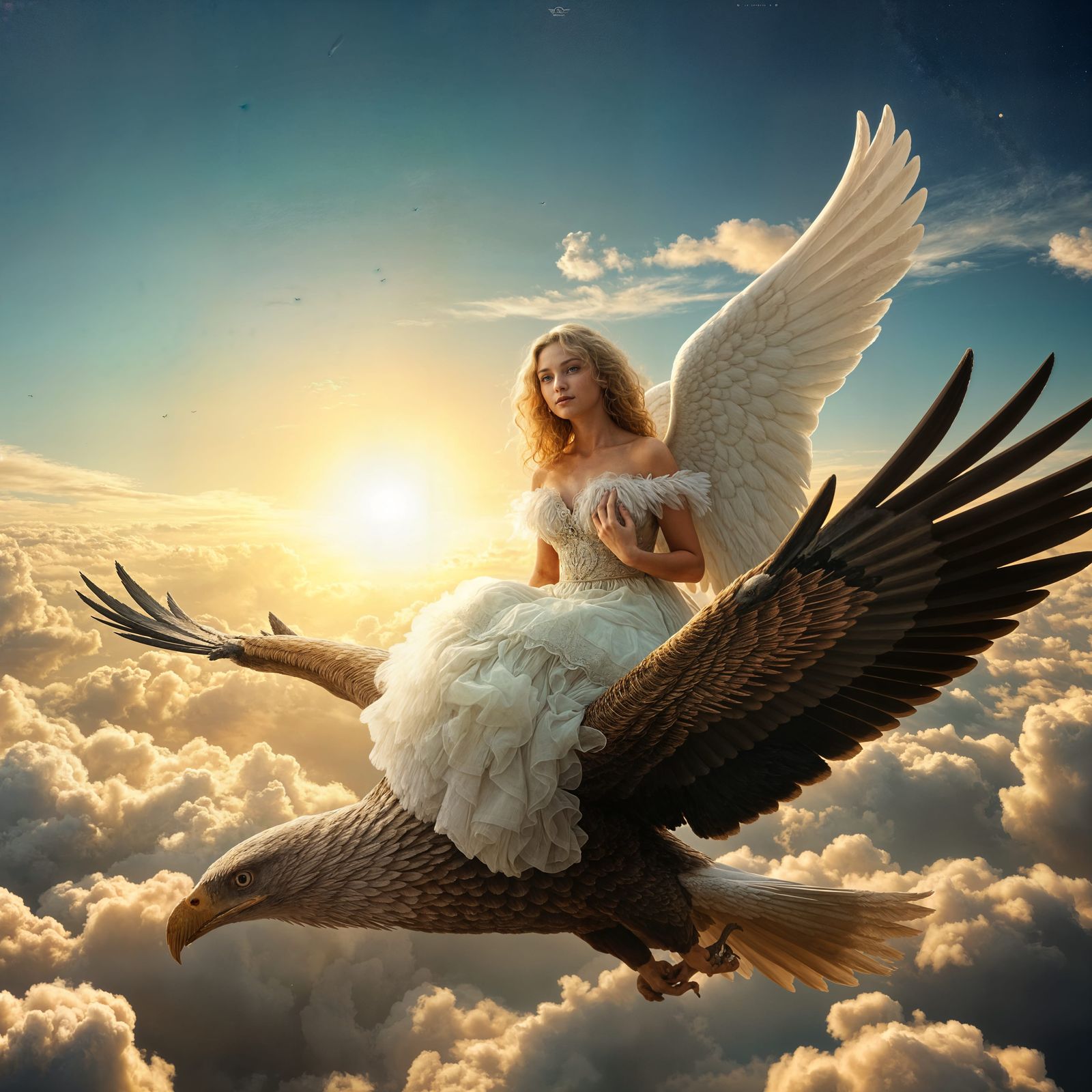 Angel Rides Eagle Through Clouds: Digital Matte Painting