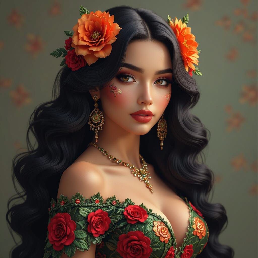 Dia de los Muertos Woman Portrait with Rose Dress