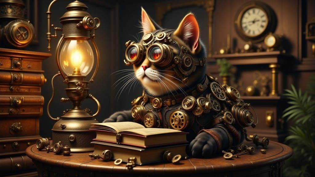 Steampunk Cat with Gears and Goggles on Books