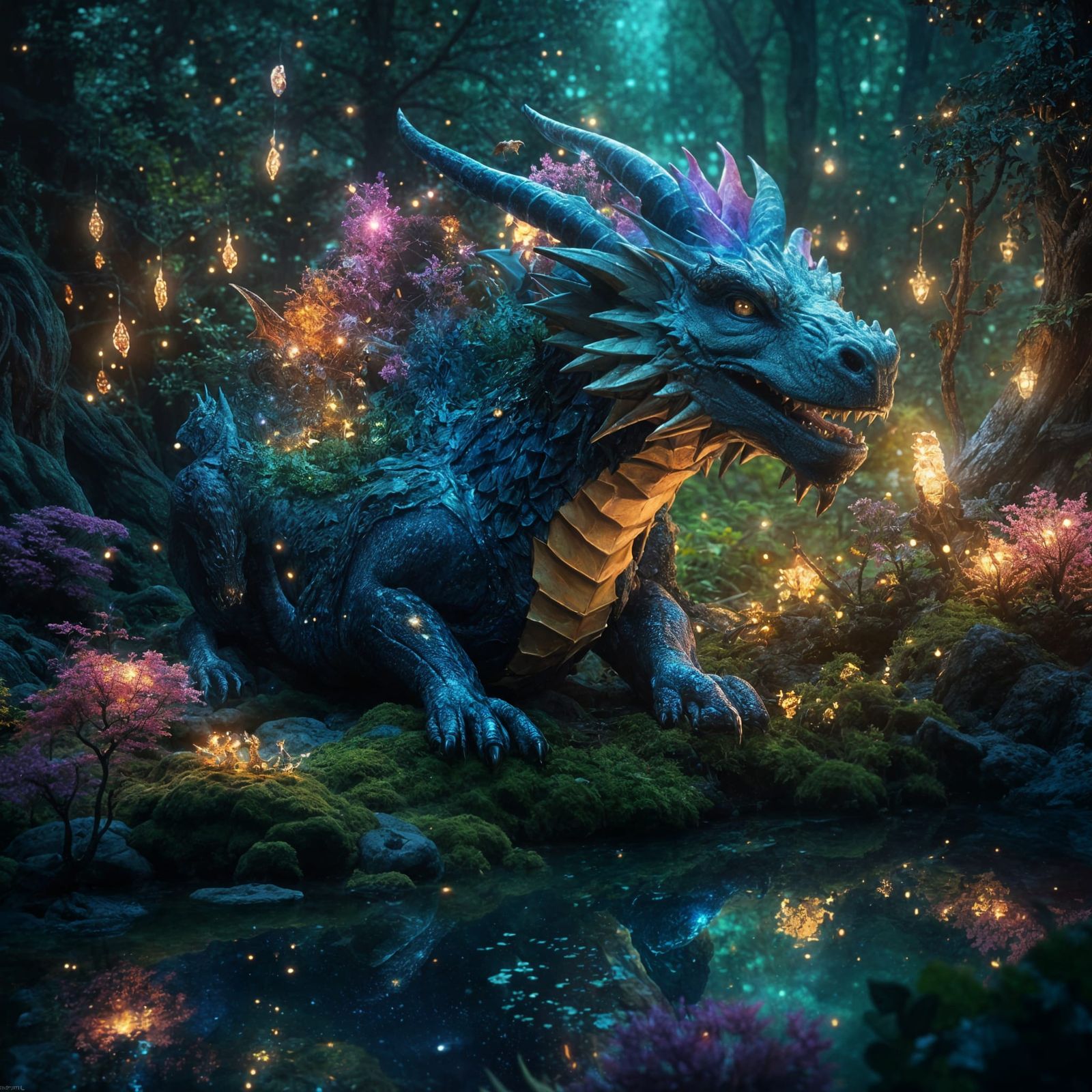 Adorable Mythical Dragon in Starry Forest, Anime Style