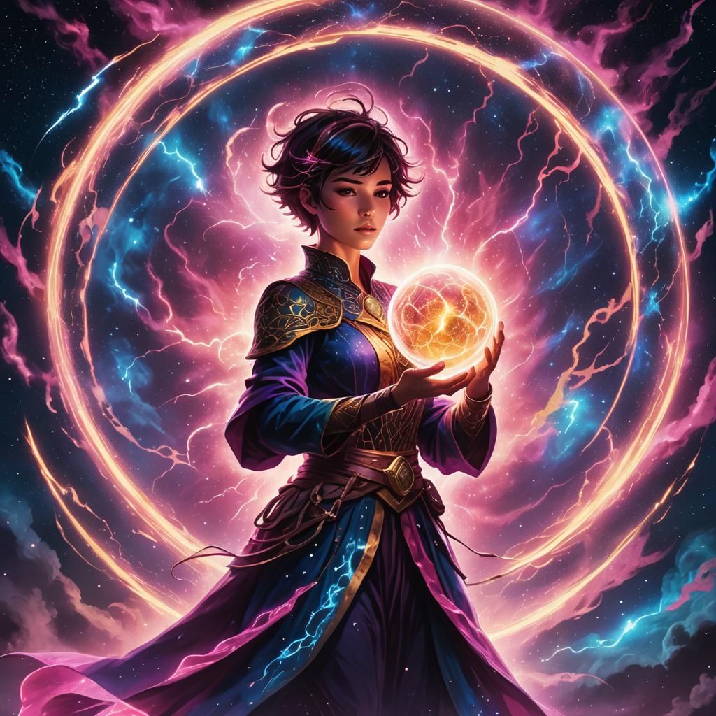 Neon Sorceress Silhouette with Magic Orb