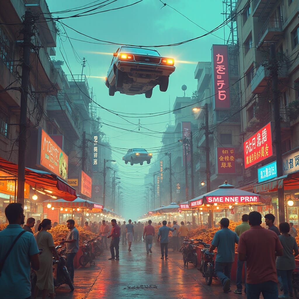 Futuristic Indian Street with Flying Cars and Robot Stalls