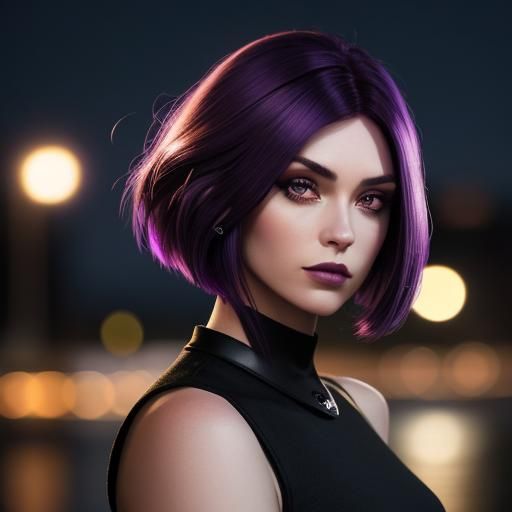 Purple-Haired Beauty in Industrial Setting, Photorealistic P...