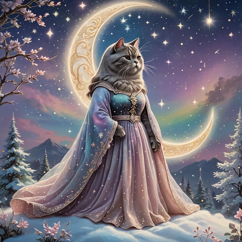 Pusheen on Crescent Moon in Ethereal Fantasy Art