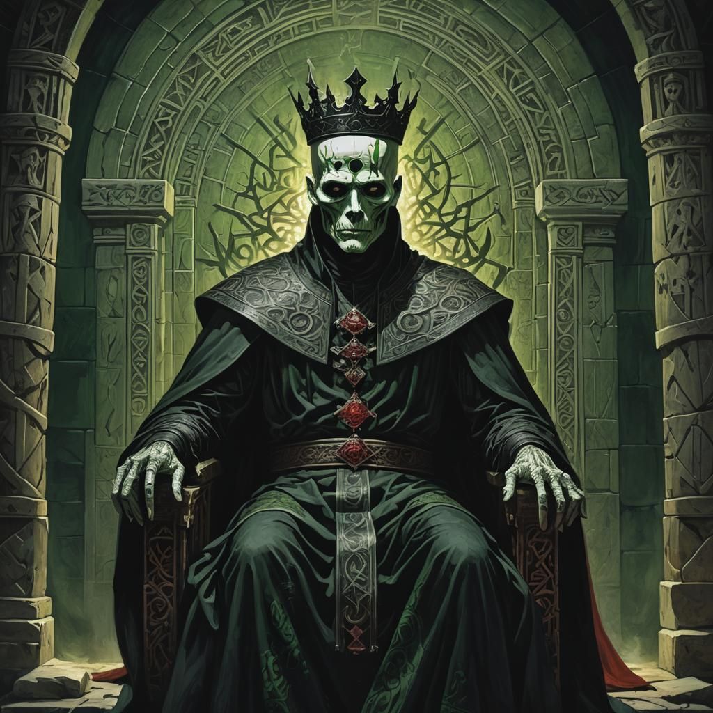 A striking dark fantasy illustration of a mummified man exuding an aura of supernatural power. His pale white skin contr...