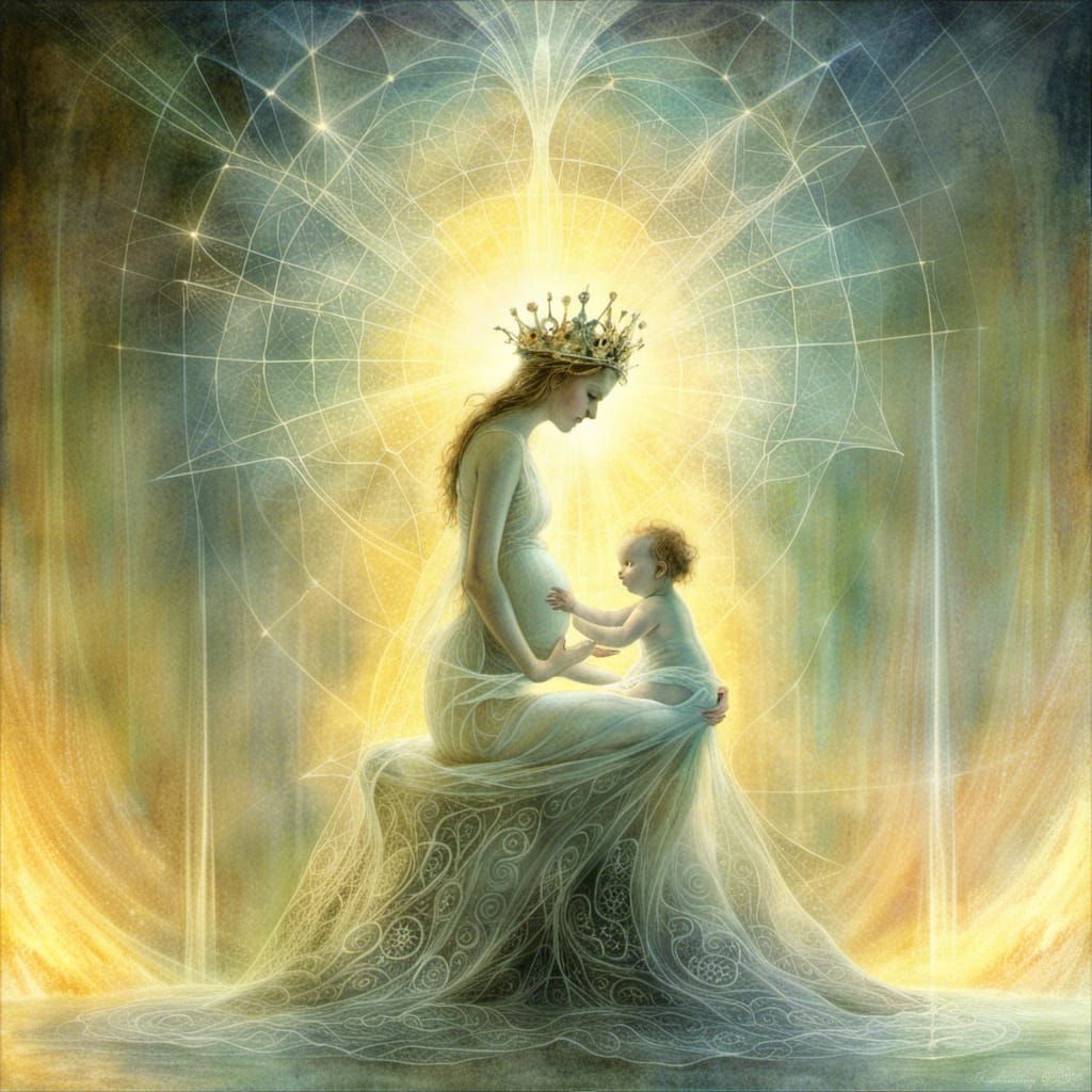 Pregnant Goddess with Baby in Light Web Waterfall