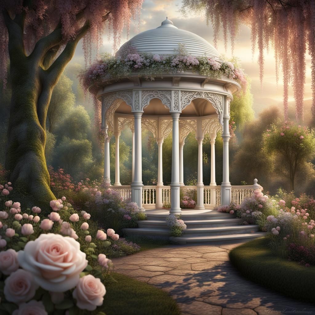 Romantic Greek Pavilion in Lush Garden Setting