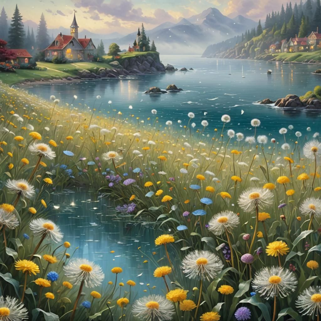 Ethereal Dandelion Field in Ocean Landscape
